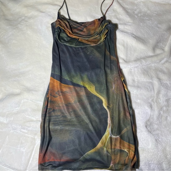 Windsor Dresses & Skirts - Abstract Natural Color Mesh Cowl Neck Spaghetti Strap Mini Dress